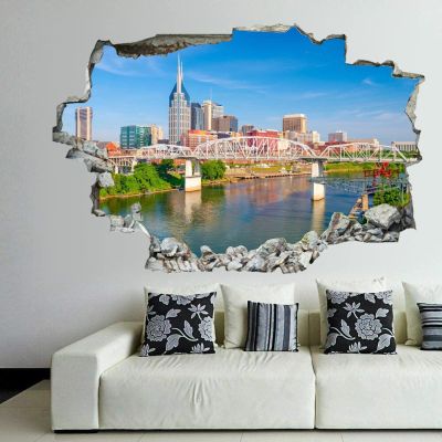 3D Broken Wall Stickers Stickers Nashville, Tennessee, U.S. Downtown City Skyline Cumberland River 36 x 24 Inch Removable Wall Decal, Peel and Stick Landscape Wall Decor for Bedroom Living Room, Mura