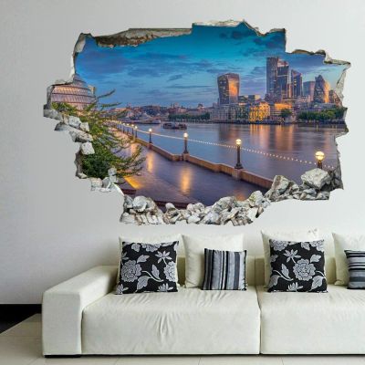 3D Broken Wall Stickers Stickers Dome Skyline Cityscape Urban Buildings Structures 36 x 24 Inch Removable Wall Decal, Peel and Stick Landscape Wall Decor for Bedroom Living Room, Mural Art for Kids B