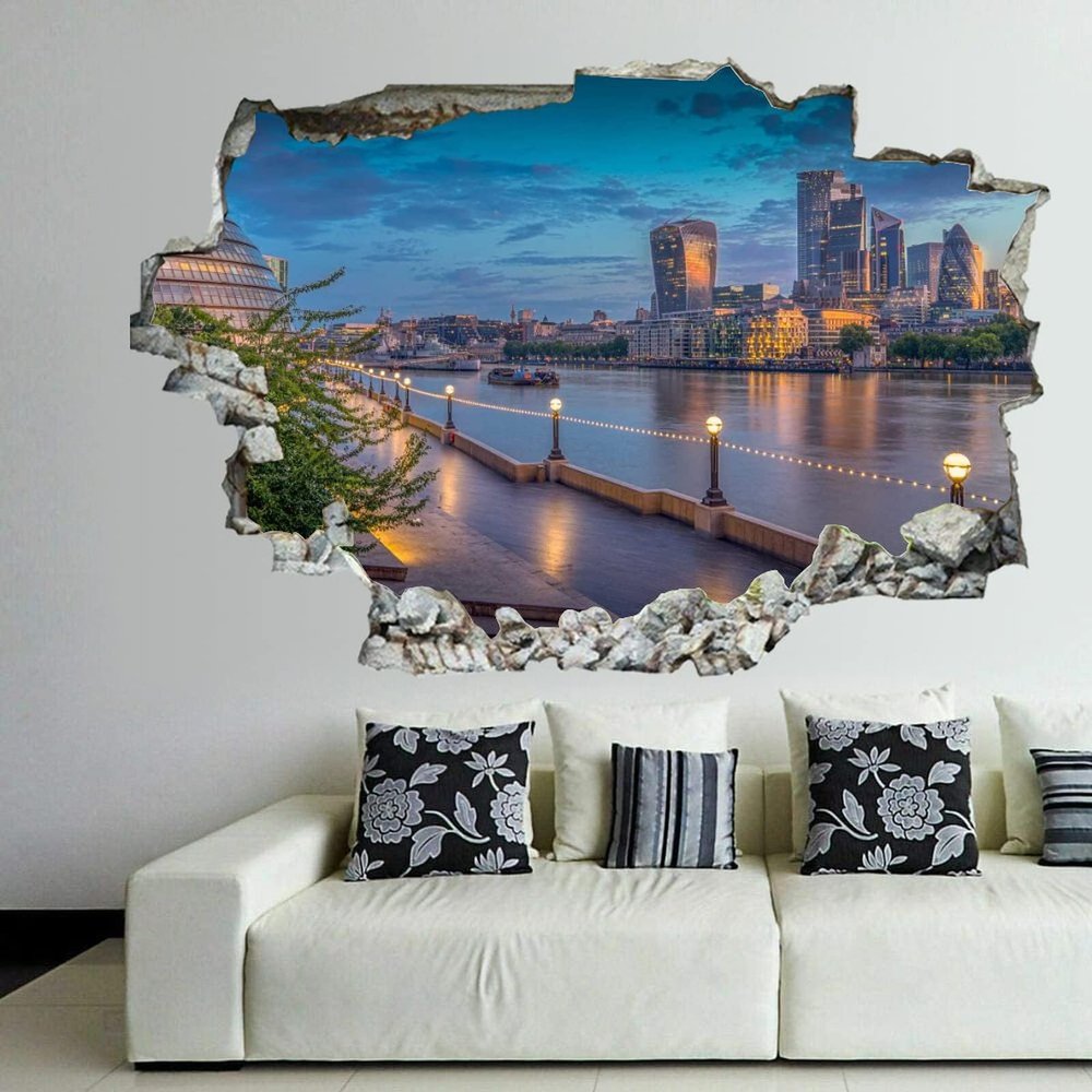 3D Broken Wall Stickers Stickers Dome Skyline Cityscape Urban Buildings Structures 36 x 24 Inch Removable Wall Decal, Peel and Stick Landscape Wall Decor for Bedroom Living Room, Mural Art for Kids B