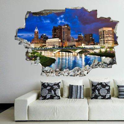 3D Broken Wall Stickers Stickers Crowds Gather Along The Banks of The Scioto River in Columbus 36 x 24 Inch Removable Wall Decal, Peel and Stick Landscape Wall Decor for Bedroom Living Room, Mural Ar