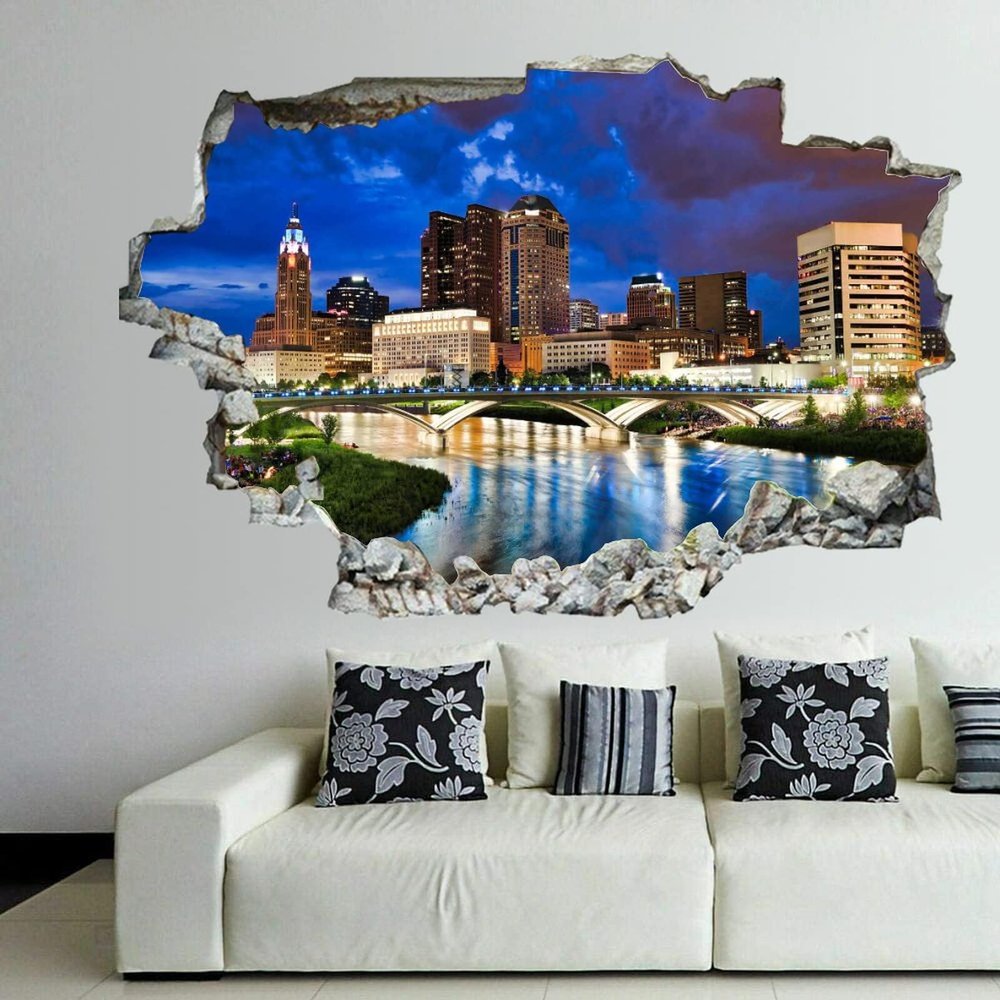 3D Broken Wall Stickers Stickers Crowds Gather Along The Banks of The Scioto River in Columbus 36 x 24 Inch Removable Wall Decal, Peel and Stick Landscape Wall Decor for Bedroom Living Room, Mural Ar