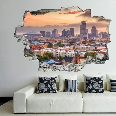 3D Broken Wall Stickers Stickers New Orleans, Louisiana, USA Downtown Skyline 36 x 24 Inch Removable Wall Decal, Peel and Stick Landscape Wall Decor for Bedroom Living Room, Mural Art for Kids Boys G