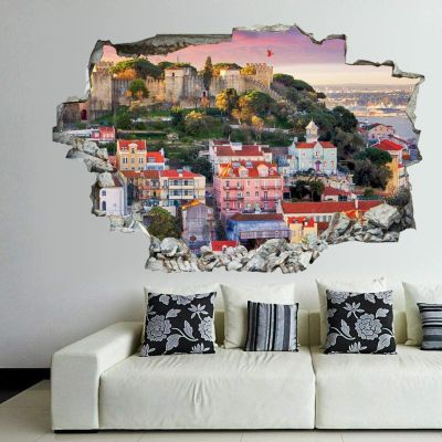 3D Broken Wall Stickers Stickers Lisbon, Portugal Skyline with So Jorge Castle 36 x 24 Inch Removable Wall Decal, Peel and Stick Landscape Wall Decor for Bedroom Living Room, Mural Art for Kids Boys
