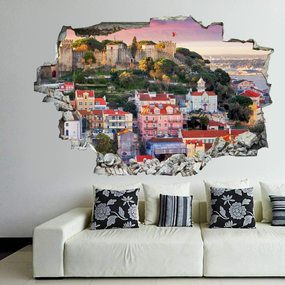 3D Broken Wall Stickers Stickers Lisbon, Portugal Skyline with So Jorge Castle 36 x 24 Inch Removable Wall Decal, Peel and Stick Landscape Wall Decor for Bedroom Living Room, Mural Art for Kids Boys
