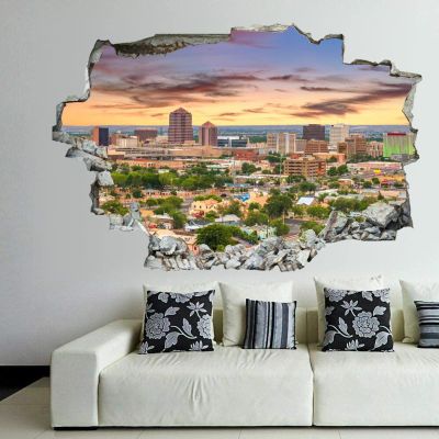 3D Broken Wall Stickers Stickers Albuquerque, New Mexico, USA Downtown Cityscape at 36 x 24 Inch Removable Wall Decal, Peel and Stick Landscape Wall Decor for Bedroom Living Room, Mural Art for Kids