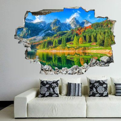 3D Broken Wall Stickers Stickers Idyllic Colorful Autumn Scenery with Dachstein Mountain Austria 36 x 24 Inch Removable Wall Decal, Peel and Stick Landscape Wall Decor for Bedroom Living Room, Mural