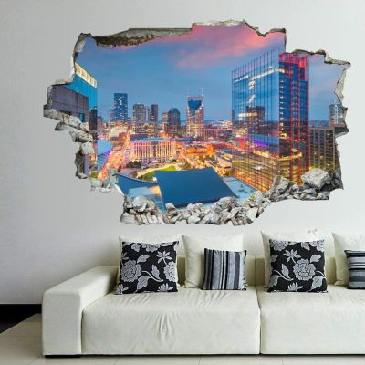 3D Broken Wall Stickers Stickers Nashville, Tennessee, USA Downtown Cityscape 36 x 24 Inch Removable Wall Decal, Peel and Stick Landscape Wall Decor for Bedroom Living Room, Mural Art for Kids Boys G