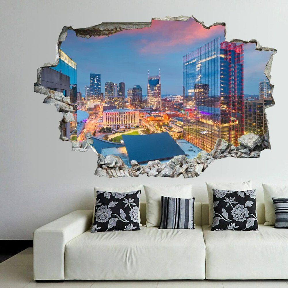 3D Broken Wall Stickers Stickers Nashville, Tennessee, USA Downtown Cityscape 36 x 24 Inch Removable Wall Decal, Peel and Stick Landscape Wall Decor for Bedroom Living Room, Mural Art for Kids Boys G