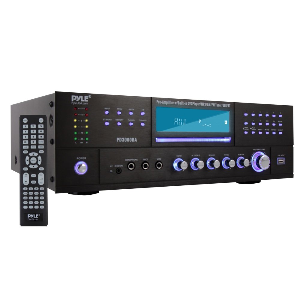Pyle 4 Channel Wireless Bluetooth Amplifier - 3000 Watt Stereo Speaker Home Audio Receiver w/FM Radio, USB, 2 Microphone w/Echo for Karaoke, Front Loading CD DVD Player, LED, Rack Mount - PD3000BA.5