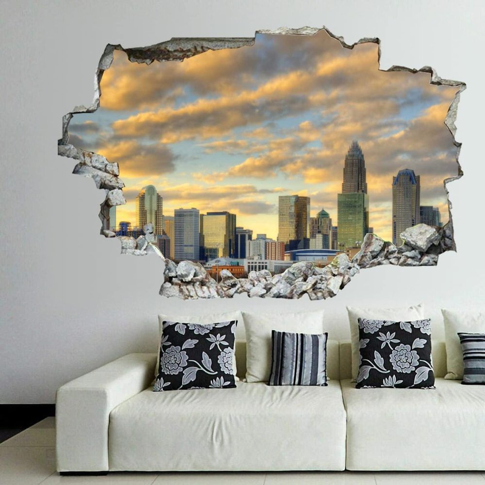 3D Broken Wall Stickers Stickers Skyline of Uptown Charlotte, North Carolina 36 x 24 Inch Removable Wall Decal, Peel and Stick Landscape Wall Decor for Bedroom Living Room, Mural Art for Kids Boys Gi