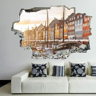 3D Broken Wall Stickers Stickers Colorful Houses, Boats and Boats in Copenhagens Old Town 36 x 24 Inch Removable Wall Decal, Peel and Stick Landscape Wall Decor for Bedroom Living Room, Mural Art f