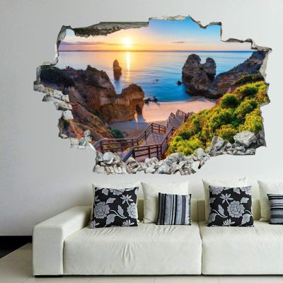 3D Broken Wall Stickers Stickers Camilo Beach (Praia Do Camilo) at Algarve, Portugal 36 x 24 Inch Removable Wall Decal, Peel and Stick Landscape Wall Decor for Bedroom Living Room, Mural Art for Kids