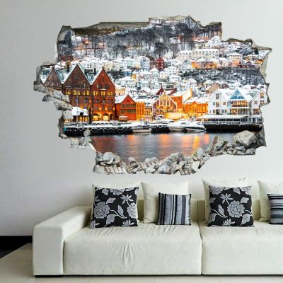 3D Broken Wall Stickers Stickers Famous Bryggen Street with Wooden Colored Houses in Bergen, Norway 36 x 24 Inch Removable Wall Decal, Peel and Stick Landscape Wall Decor for Bedroom Living Room, Mur