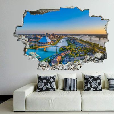 3D Broken Wall Stickers Stickers Memphis Tennessee TN Downtown Drone Skyline 36 x 24 Inch Removable Wall Decal, Peel and Stick Landscape Wall Decor for Bedroom Living Room, Mural Art for Kids Boys Gi