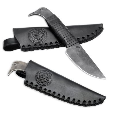 Toferner Viking Knife Bird Head, Vintage Nordic Hand Forged Knife with Genuine Leather Case, Hardened Blade, Original Gift Idea for Men (Black Raven)