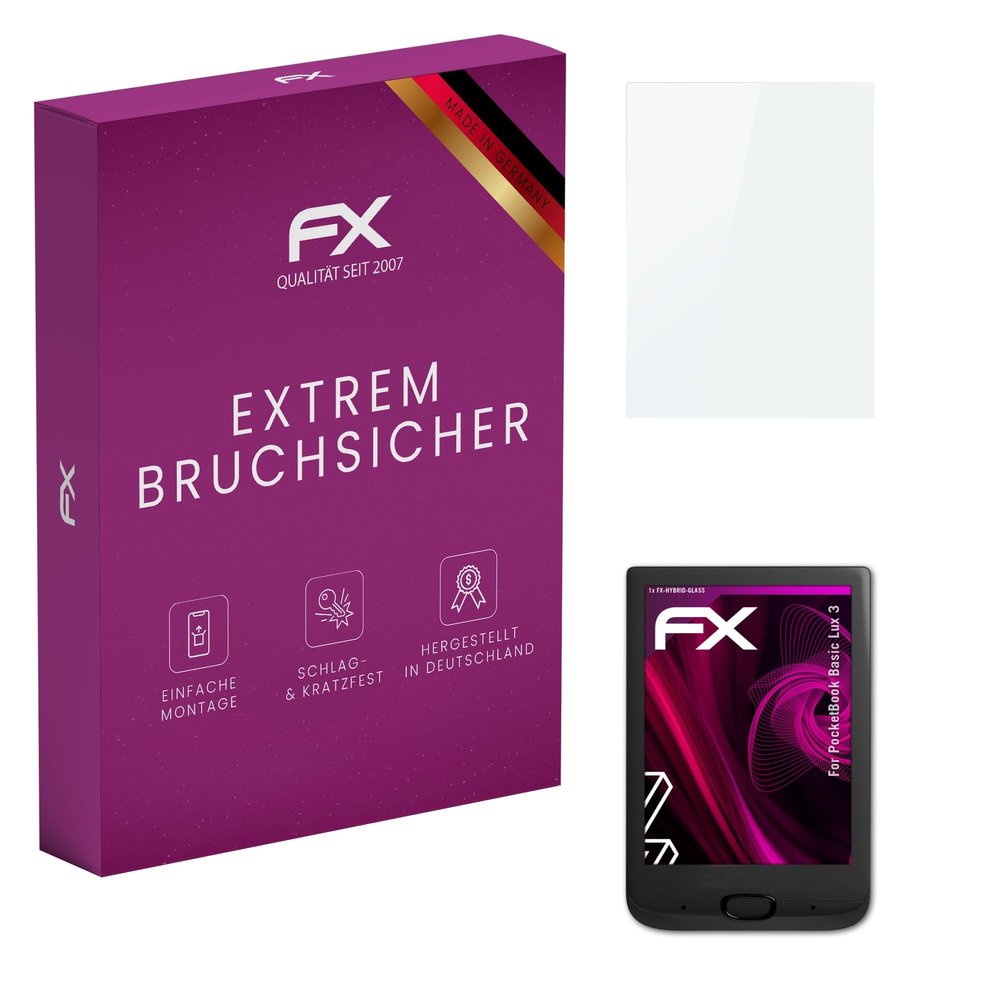 atFoliX Plastic Glass Protective Film compatible with PocketBook Basic Lux 3, 9H Hybrid-Glass FX Screen Protector