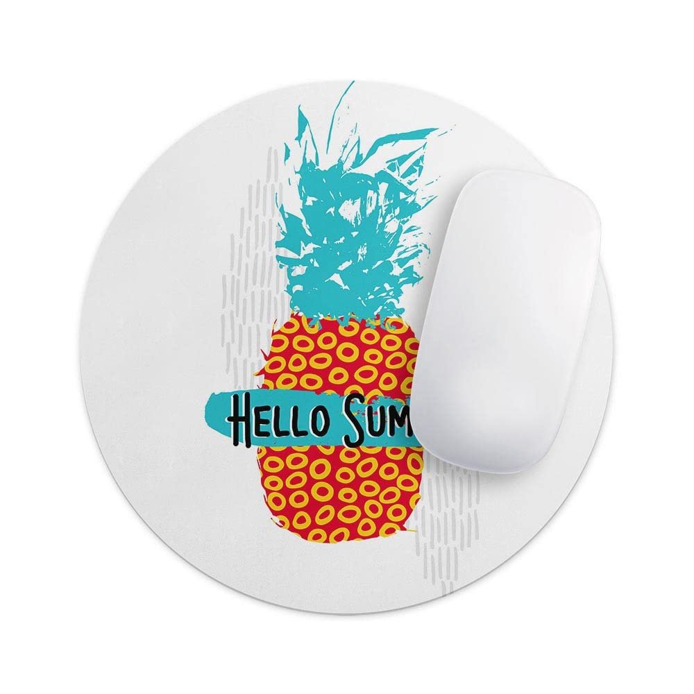 Design Skinz Retro Hello Summer Pineapple v2 Waterproof Rubber Foam Backed Anti-Slip Mouse Pad for Home Work Office or Gaming Computer Desk - Round