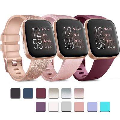 PACK 3 Soft Silicone Bands Compatible for Fitbit Versa 2 / Fitbit Versa/Fitbit Versa Lite Adjustable Sport Bands for Women Men Small Large (Wine Red+Rose Gold+Shining Rose, Large)