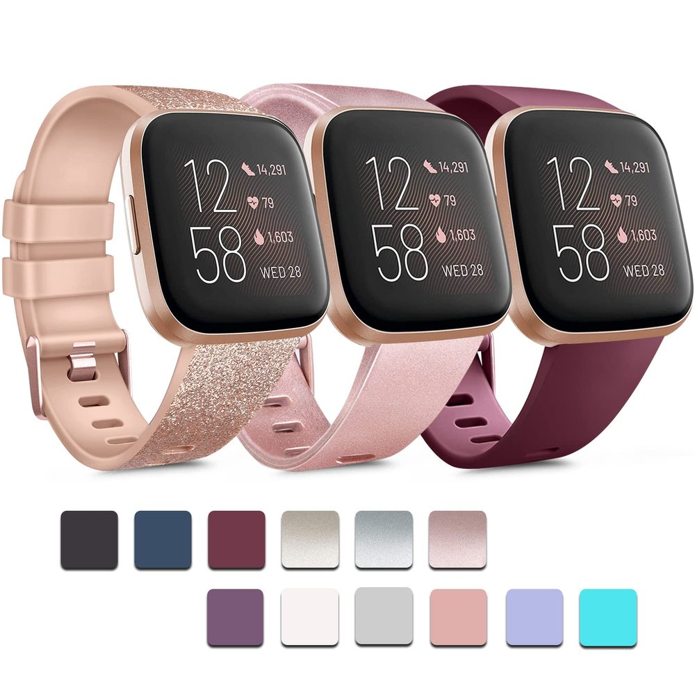 PACK 3 Soft Silicone Bands Compatible for Fitbit Versa 2 / Fitbit Versa/Fitbit Versa Lite Adjustable Sport Bands for Women Men Small Large (Wine Red+Rose Gold+Shining Rose, Large)
