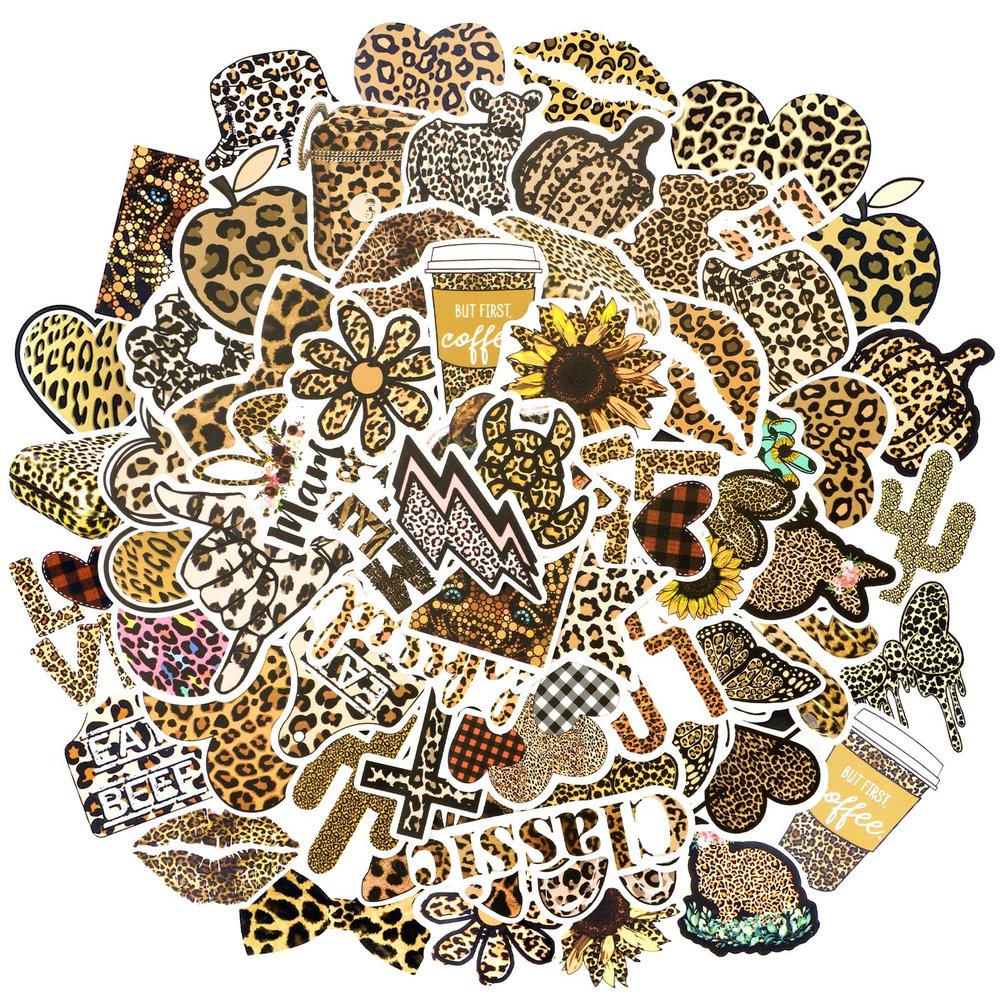 100 Pcs Leopard Print Stickers Pack Vinyl Waterproof Cheetah Print Stickers Aesthetic Leopard Decals for Women Laptop, Guitar, Water Bottles, Car, Party Favors, Bumper, Luggage, Phone