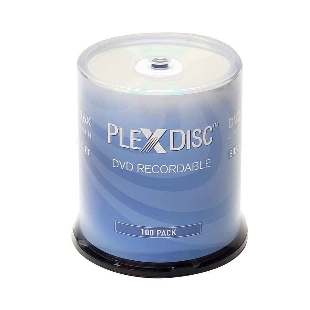 PlexDisc DVD-R 4.7GB 16X Silver Inkjet Printable Surface Hub Printable - 100pk Cake Box (FFP) 632-315-BX, 100 Discs