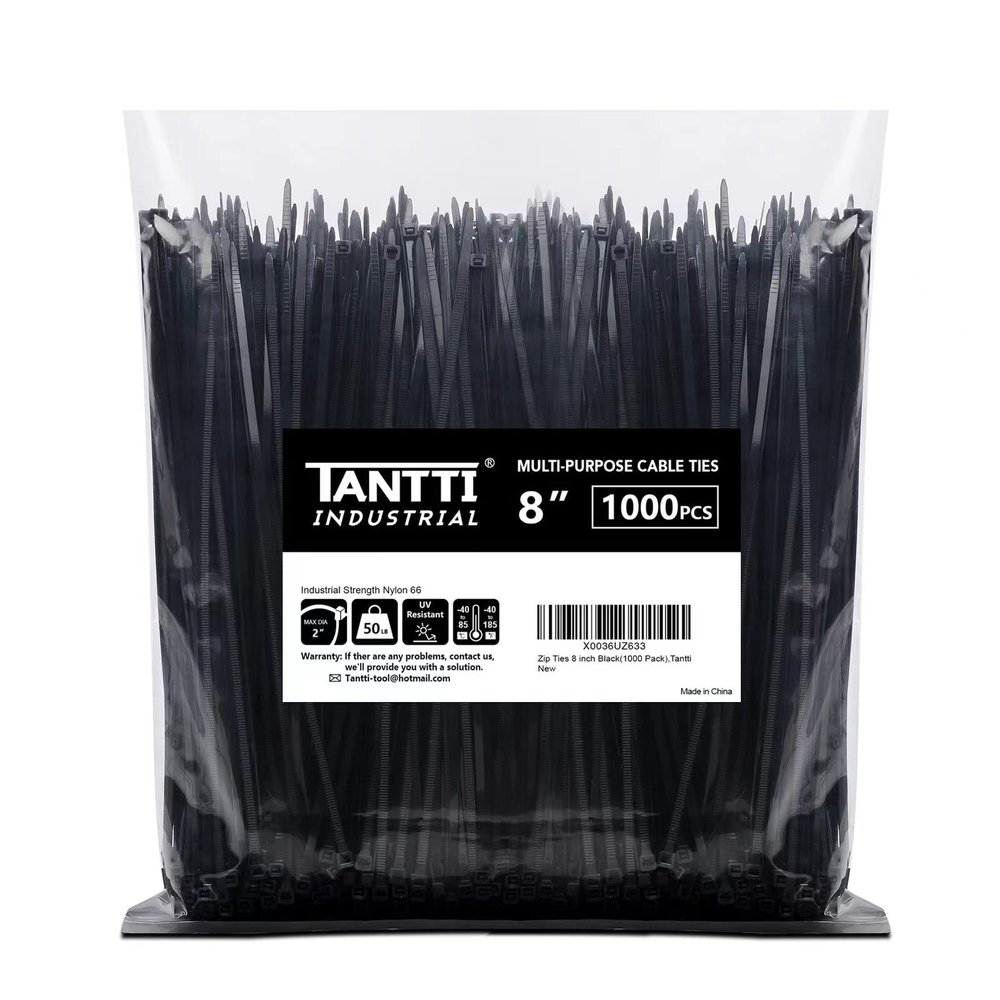 Zip Ties 8 inch Black Zip Ties 1000 Pack, Wire Ties with 50lb Tensile Strength, UV Resistant Cable Ties, Self-locking Plastic Ties for Indoor and Outdoor Use, by Tantti.
