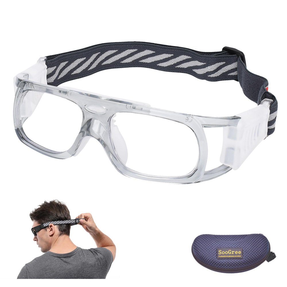 SooGree Sports Goggles Glasses -Basketball Soccer Football Sports Protective Eyewear Goggles Eye Safety Glasses Frame Removable PC Lens with Adjustable Glasses Strap (8106 gray frame white pad)