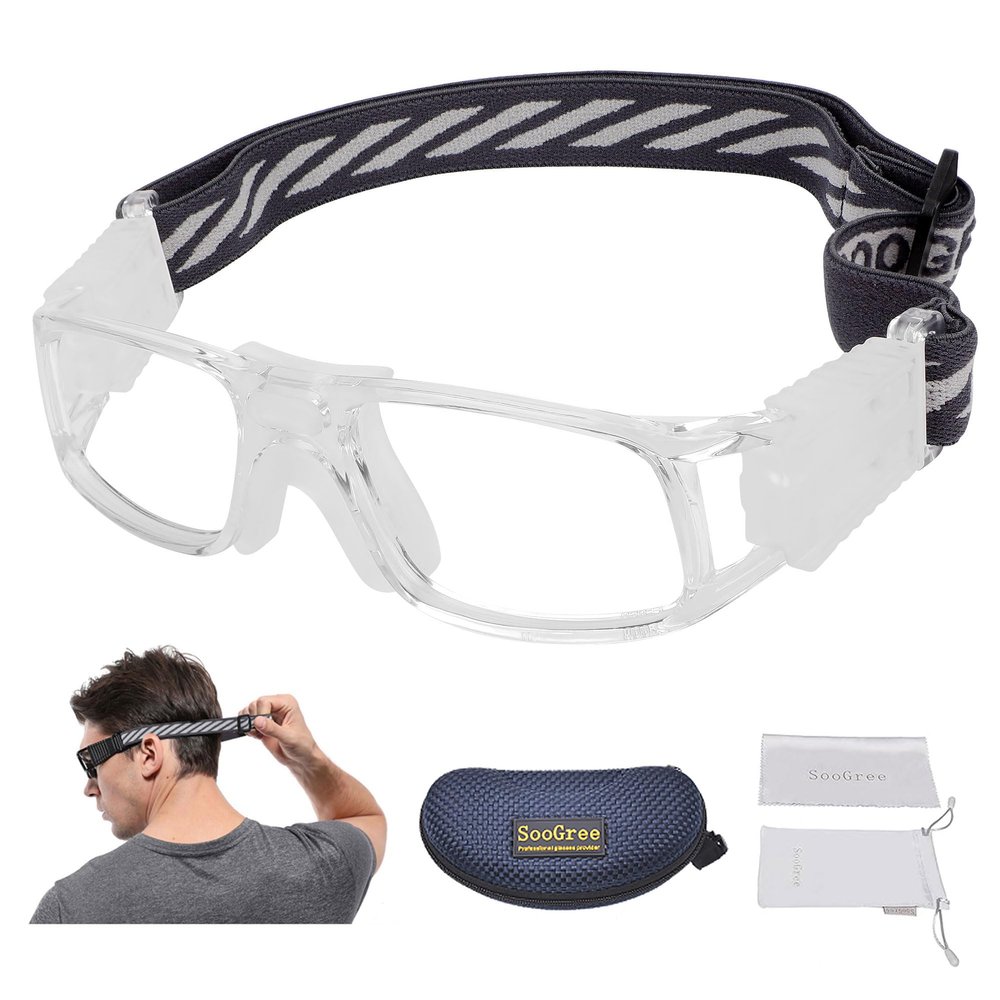 SooGree Sports Goggles Glasses -Basketball Soccer Football Sports Protective Eyewear Goggles Eye Safety Glasses Frame Removable PC Lens with Adjustable Glasses Strap (8107 Transparent Frame White Pad)