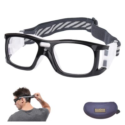 SooGree Sports Goggles Glasses -Basketball Soccer Football Sports Protective Eyewear Goggles Eye Safety Glasses Frame Removable PC Lens with Adjustable Glasses Strap (8021Bright black frame white pad)