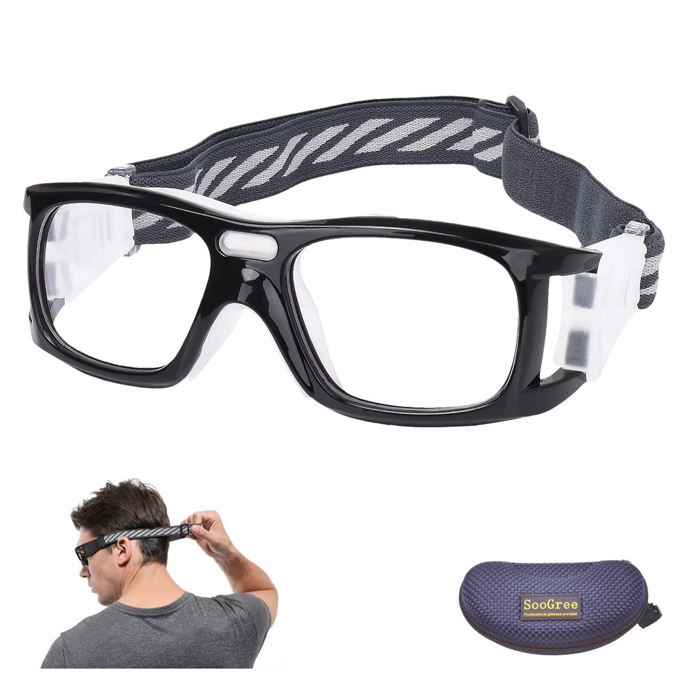 SooGree Sports Goggles Glasses -Basketball Soccer Football Sports Protective Eyewear Goggles Eye Safety Glasses Frame Removable PC Lens with Adjustable Glasses Strap (8021Bright black frame white pad)