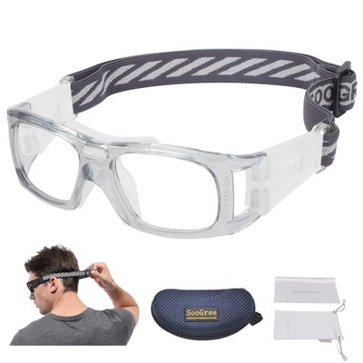 SooGree Sports Goggles Glasses -Basketball Soccer Football Sports Protective Eyewear Goggles Eye Safety Glasses Frame Removable PC Lens with Adjustable Glasses Strap (8021Gray frame white pad)
