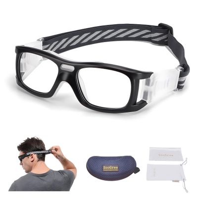 SooGree Sports Goggles Glasses -Basketball Soccer Football Sports Protective Eyewear Goggles Eye Safety Glasses Frame Removable PC Lens with Adjustable Glasses Strap (8021Matte black frame white pad)