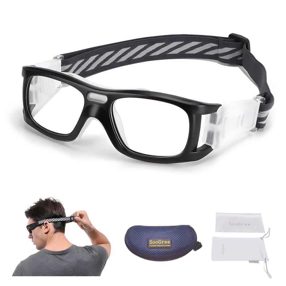 SooGree Sports Goggles Glasses -Basketball Soccer Football Sports Protective Eyewear Goggles Eye Safety Glasses Frame Removable PC Lens with Adjustable Glasses Strap (8021Matte black frame white pad)