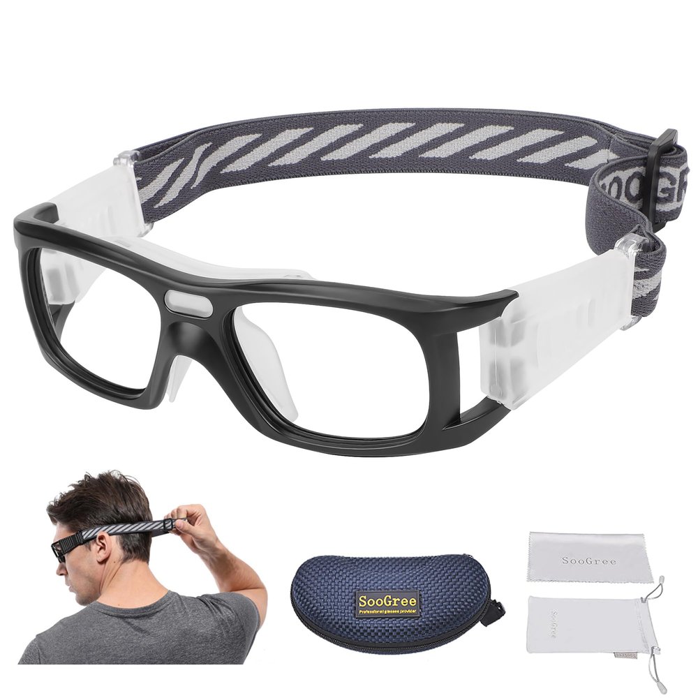 SooGree Sports Goggles Glasses -Basketball Soccer Football Sports Protective Eyewear Goggles Eye Safety Glasses Frame Removable PC Lens with Adjustable Glasses Strap (8107 black frame white pad)