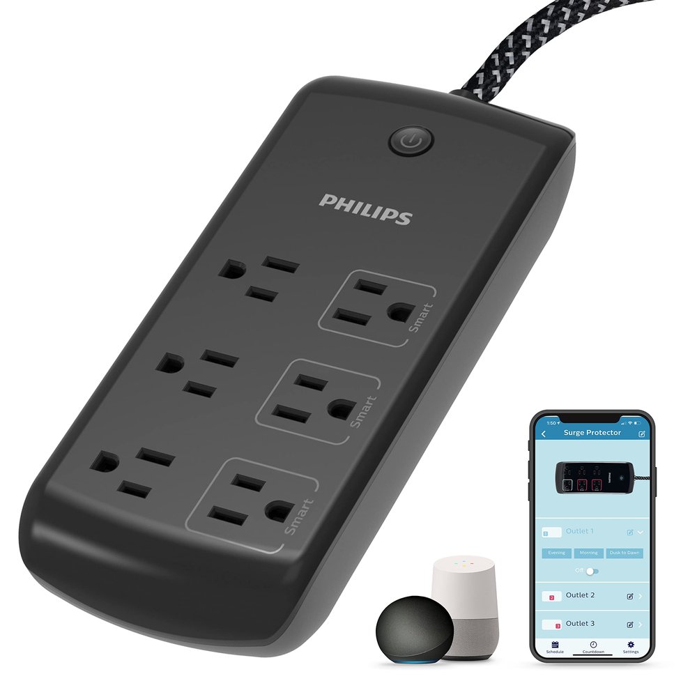 Philips 6-Outlet Wi-Fi Surge Protector, 8 Ft Braided Cord, Smart Surge, Individual Control, 1980 Joules, Compatible with Amazon Alexa and Google Assistant, No Hub Required, Black, SPP9068BF/37