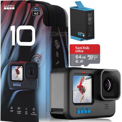 GoPro Hero10 Black + 64GB SanDisk SD Card - Waterproof Action Camera with Front LCD and Touch Rear Screens, 5.3K60 Ultra HD Video, 23MP Photos, 1080p Live Streaming, Webcam, Stabilization