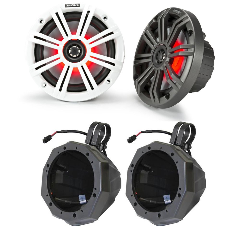KICKER 45KM654L 6.5" RGB LED Marine Speakers with SSV US2-C65U Universal 6.5-inch Cage Mount Speaker Pods Including 1.85" Dual Clamps