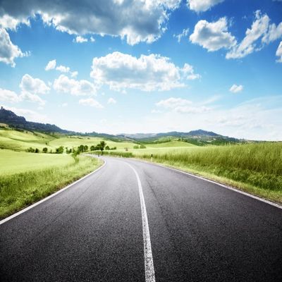 BELECO 5x3ft Fabric Country Road Backdrop Blue Sky White Clouds Green Nature Scenery Background Rural Countryside Road Trip Outdoor Travel Adventure Backdrop Portrait Photoshoot Studio Props