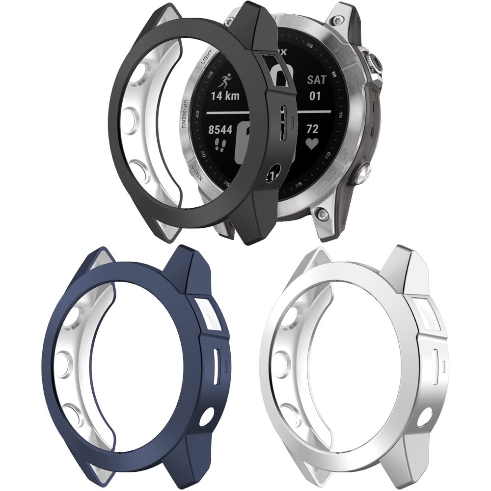 Cover Compatible for Garmin Fenix 7s Protective Case Soft TPU Plated Bumper Shell Shockproof Covers Anti-Scratch Protector Case for Fenix 7s (Black+Blue+Silver)