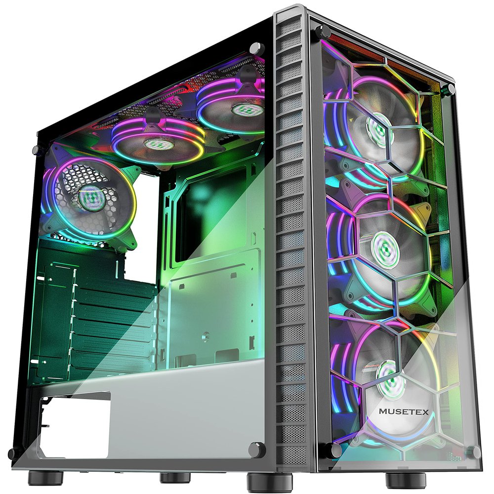 MUSETEX ATX 2 Tempered Glass Panels Windows Desktop Case, Mid-Tower Chassis Gaming PC Case Black 6pcs 120mm ARGB Fans
