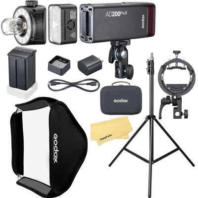 Godox AD200 Pro II AD200Pro II AD200ProII TTL Pocket Flash Strobe for Canon Sony Nikon Fuji Olympus Cameras,0.01-1.8s Recycle Time+60cm x 60cm/24"x 24" Softbox+Godox S3 Holder Bracket+2M Light Stand