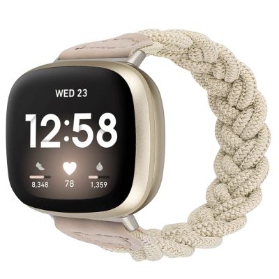 Wearlizer Elastic Band Compatible with Fitbit Versa 4 Bands for Woman/Versa 3/Sense 2/Sense Bands Women, Slim Solo Loop Braided Strap Stretchy Woven Wristband Accessory, Khaki, S