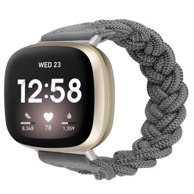 Wearlizer Elastic Band Compatible with Fitbit Versa 4 Bands for Woman/Versa 3/Sense 2/Sense Bands Women, Slim Solo Loop Braided Strap Stretchy Woven Wristband Accessory, Grey, M