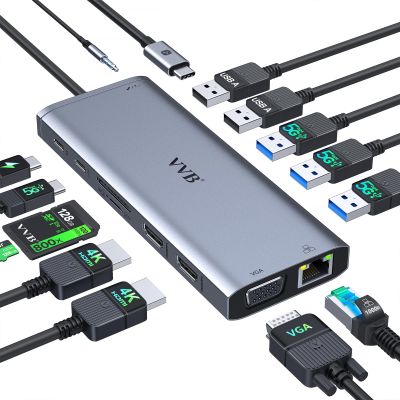 USB C Docking Station Dual Monitor HDMI for Dell HP Lenovo Laptop,14 in 1 Docking Station to 2 HDMI Port 4K+VGA USB Type C Hub Multiport Adapter Dongle Dock,USB C to Ethernet+5 USB+SD/TF+100W PD+Audio