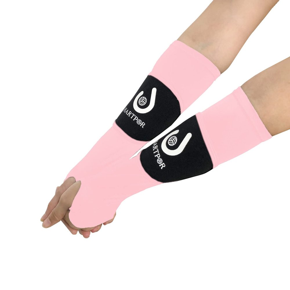 HARTPOR Volleyball Arm Sleeves Passing Forearm Sleeves with Protection Pad and Thumbhole for Youth Protect Arms from Sting 1 Pair 14" Pink