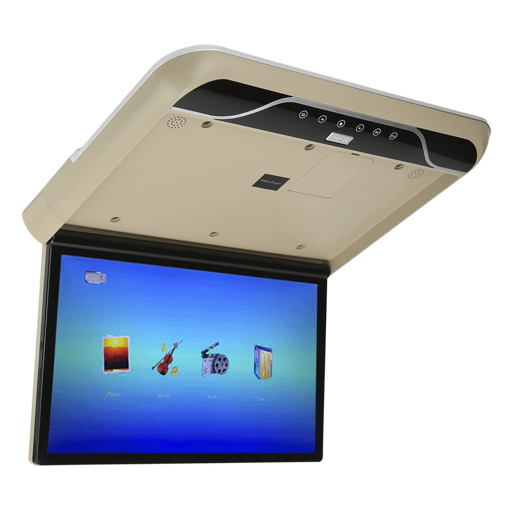 19in LCD 1080P Car Overhead Flip Down Monitor Full Viewing Ceiling HD Digital TV with Light Car Stereo Player MP5, IR FM USB 12V/24V(Beige)