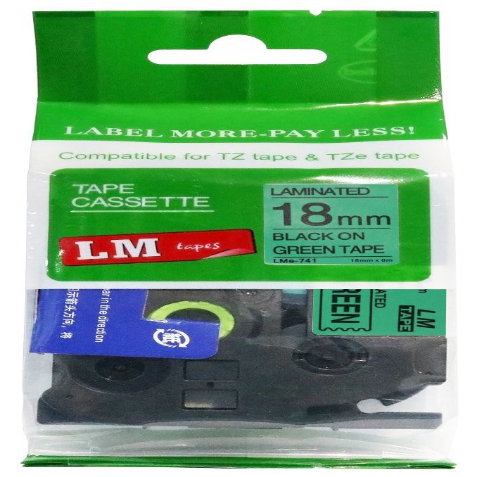 LM Tapes - Premium 3/4" (18mm) Black on Green Compatible TZe P-Touch Tape for use with Brother PT-2700, PT2700, PT-2710, PT2710 Label Maker Includes Tape Size/Color Guide.