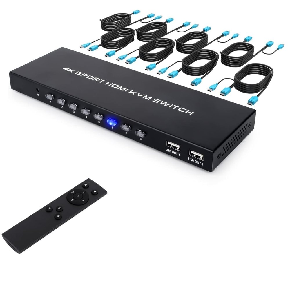 HDMI KVM Switch 8 Port, 4K@30Hz USB KVM Switcher for 8 Computers Share 1 Monitor and 4 USB Devices, 8X1 Switches with Adaptive EDID Wired Remote and 8 HDMI&USB KVM Cables
