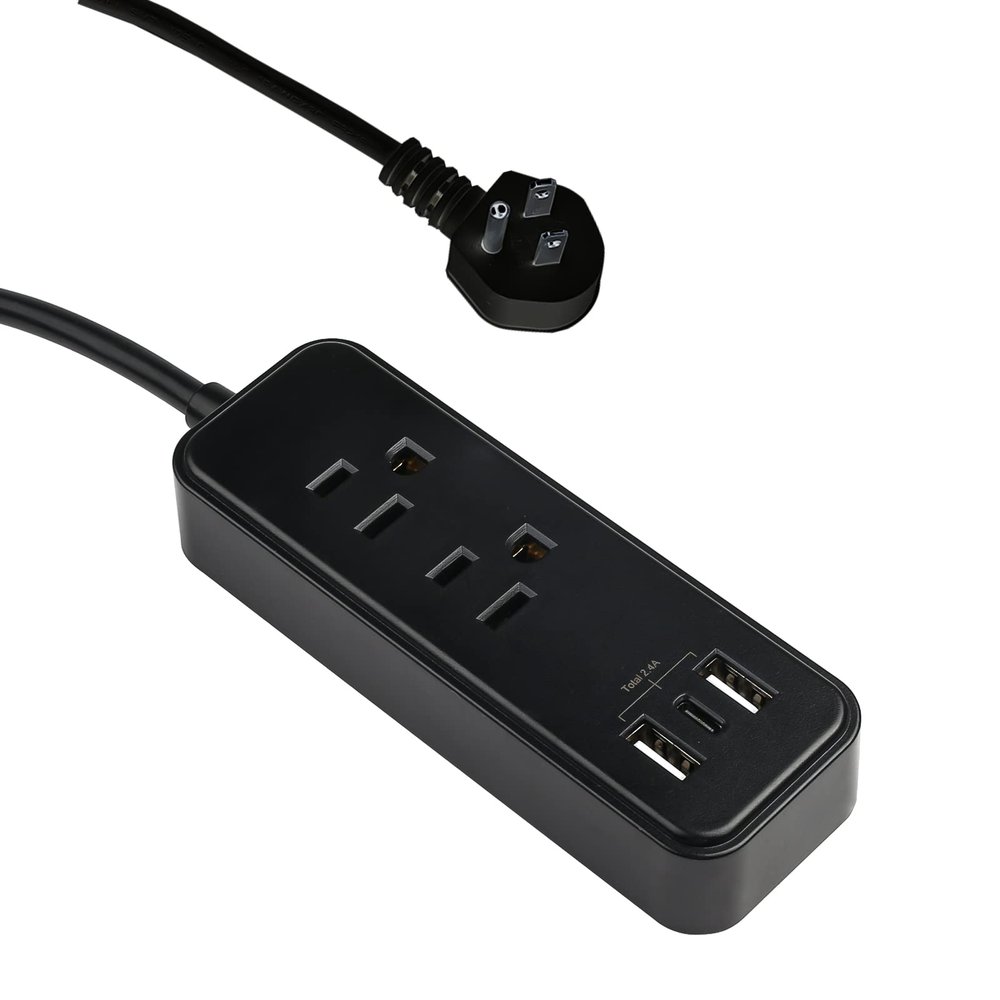 Clear Power 2-Outlet Power Strip with 3 USB Ports(1 USB-C), Flat Plug, 6 ft Power Cord, Compact USB Charging Hub, Desktop Charging Station with USB C, Black, DC3S-1202-DC