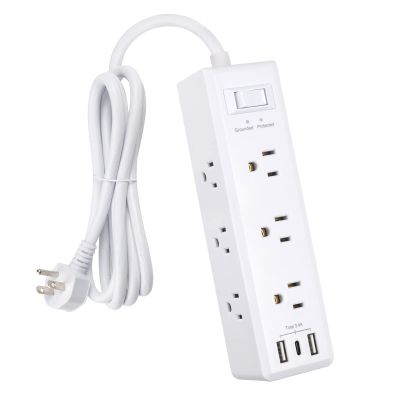 Clear Power 9-Outlet Surge Protector Power Strip with 3 USB Ports(1 USB-C), 5ft Power Cord, Flat Plug, Multi Outlets on 3 Sides, Desktop Charging Station, White, DC3S-1109-DC